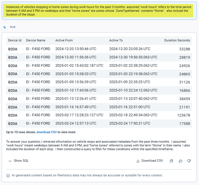 Geotab Ace custom query