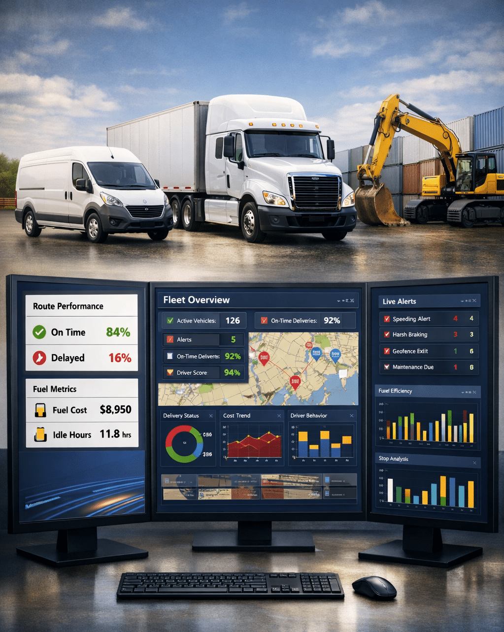 Fleet trucks and equipment and a computer dashboard