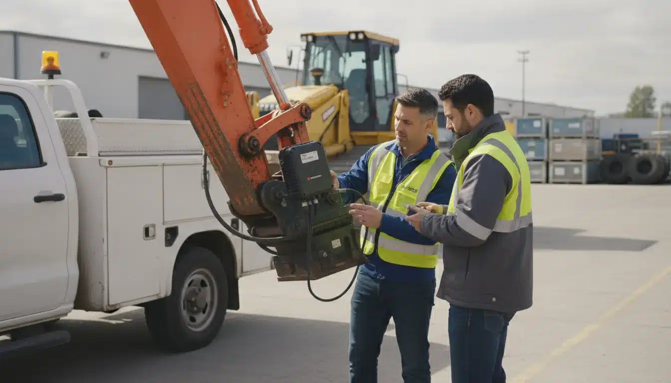 Fleet manager and technician reviewing a telematics device beside fleet vehicles