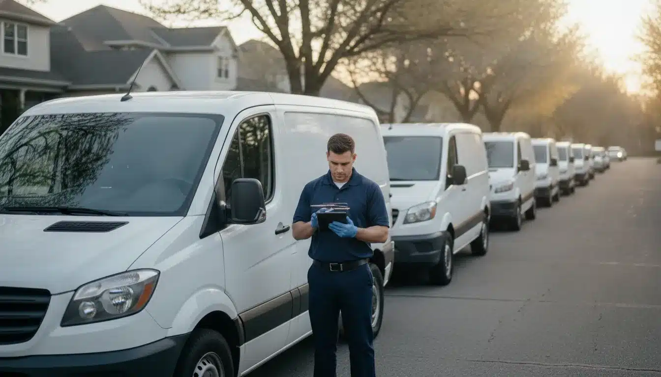 Fleet of pest control service vans with a technician preparing for residential routes, GPS fleet visibility