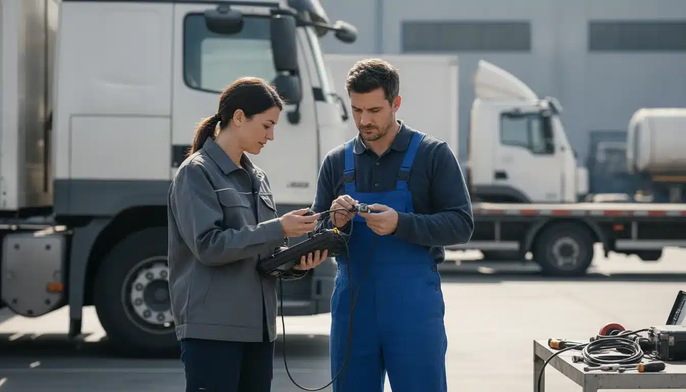 Fleet operations manager reviewing telematics equipment beside commercial vehicles