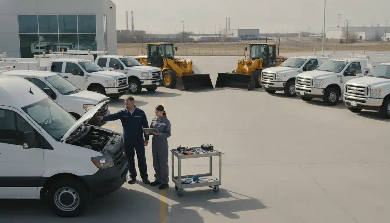 Fleet manager and technician inspecting mixed fleet vehicles and equipment