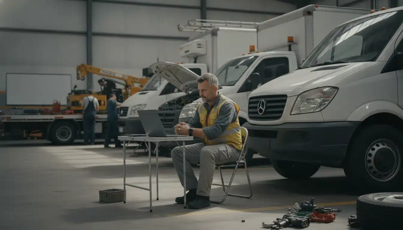 Fleet manager reviewing vehicle tracking data with a service vehicle nearby