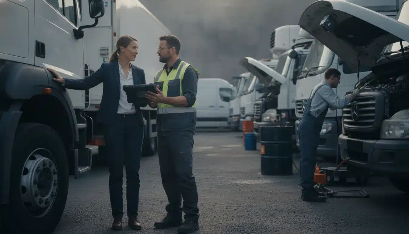 Fleet manager and maintenance supervisor reviewing commercial vehicles