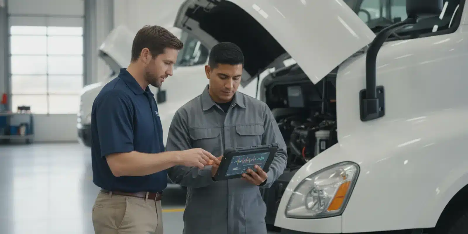 Fleet technician reviewing vehicle diagnostic data beside a commercial truck