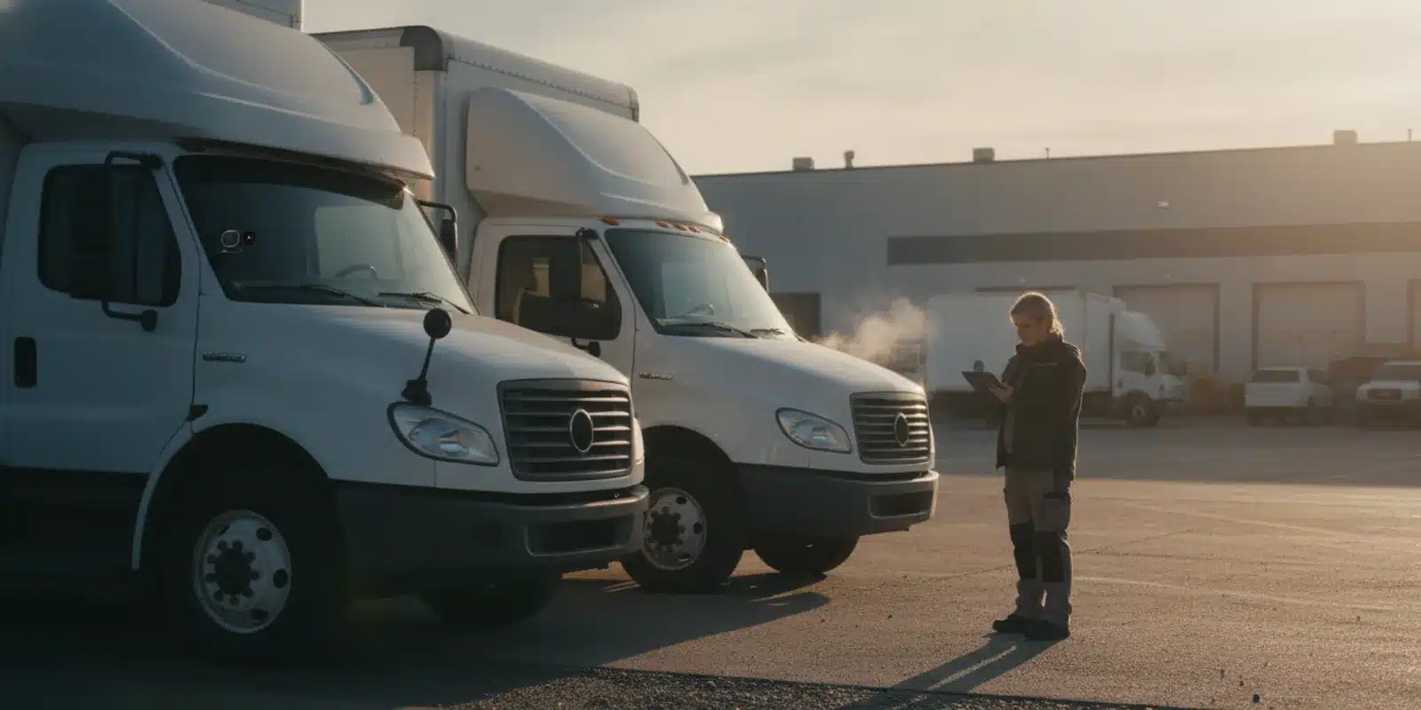 Commercial fleet vehicles equipped with discreet cameras at a depot