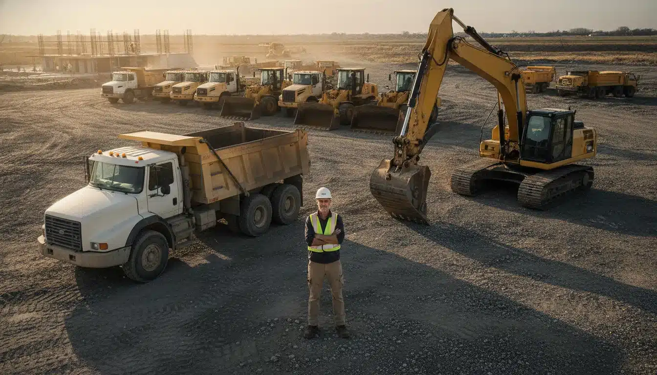 Construction fleet telematics workflow connecting trucks, equipment, jobsites, and maintenance data
