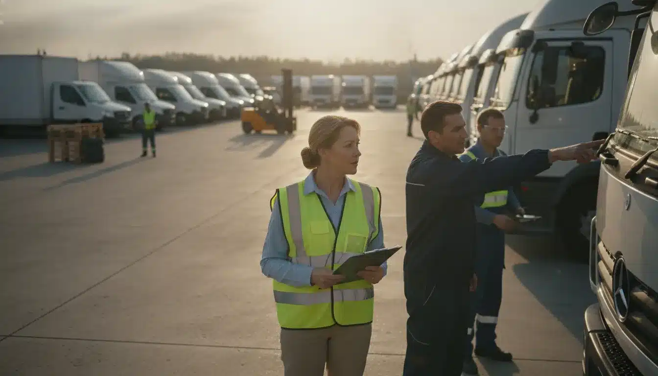 DOT fleet compliance manager reviewing commercial fleet vehicles