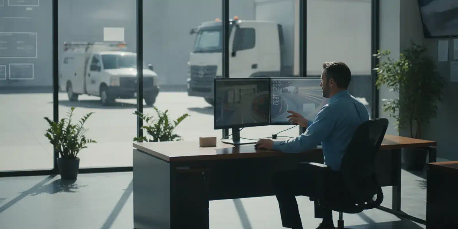 Fleet manager reviewing vehicle camera footage and telematics data for a mixed fleet
