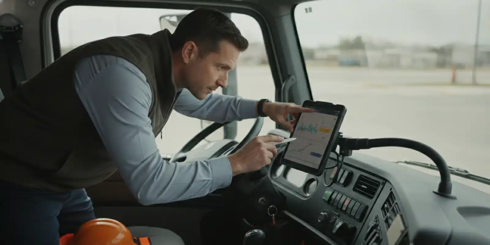 Fleet manager reviewing an electronic logging device inside a commercial truck cab