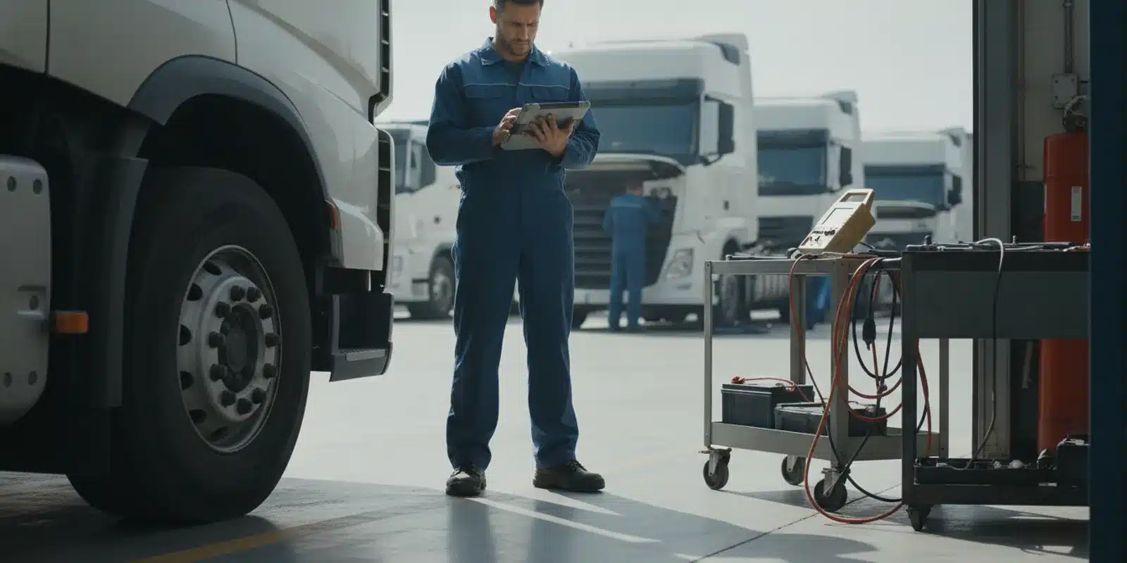 Fleet technician reviewing truck diagnostic data on a tablet beside a parked commercial truck