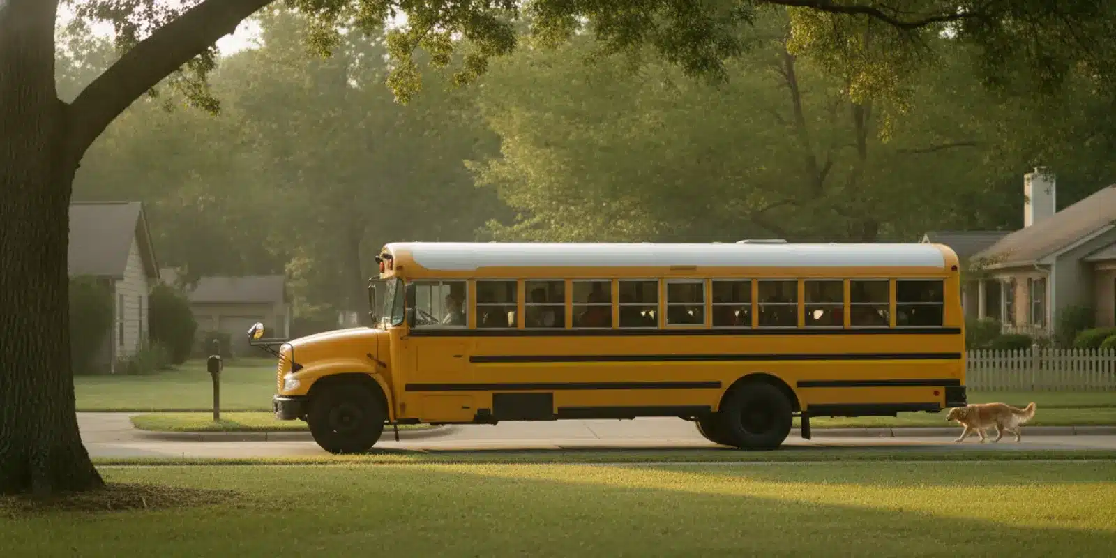 A school bus traveling on a neighborhood road in the morning.