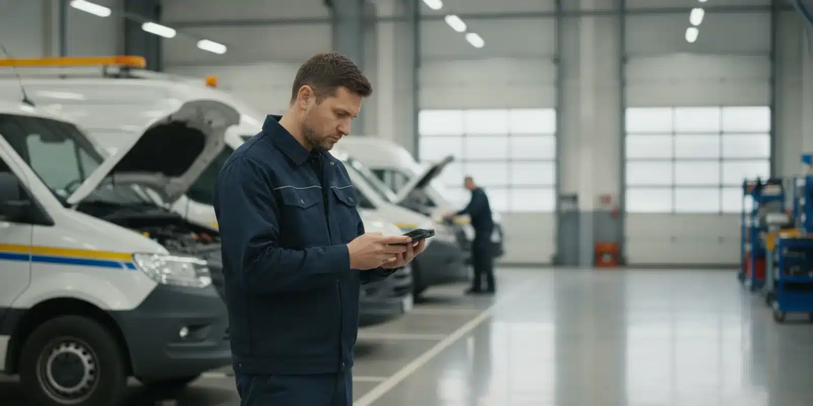 Fleet manager reviewing vehicle maintenance records on a mobile phone beside a service vehicle