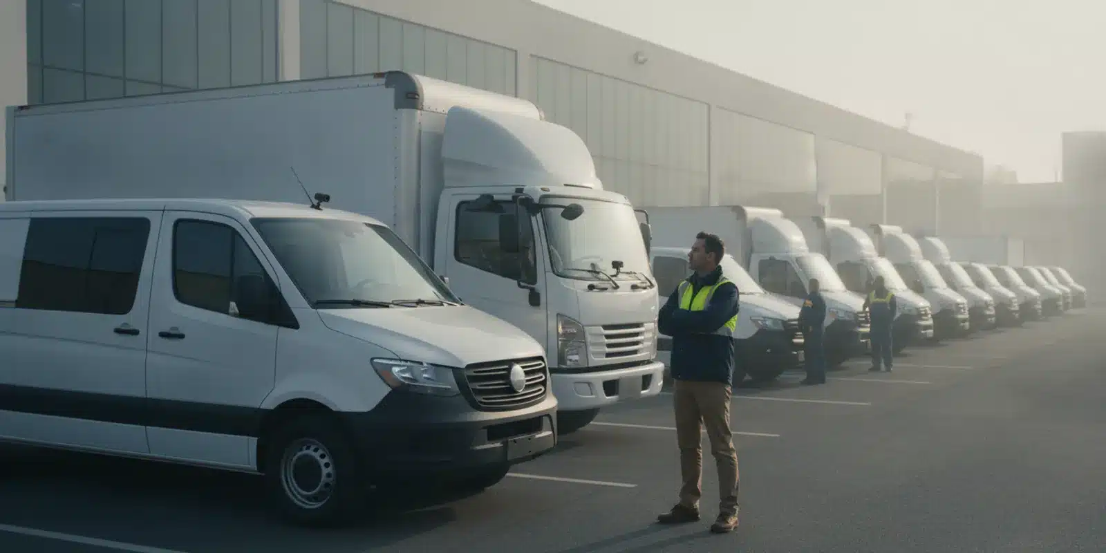 Fleet vehicle fitted with a forward-facing camera and telematics equipment at a worksite