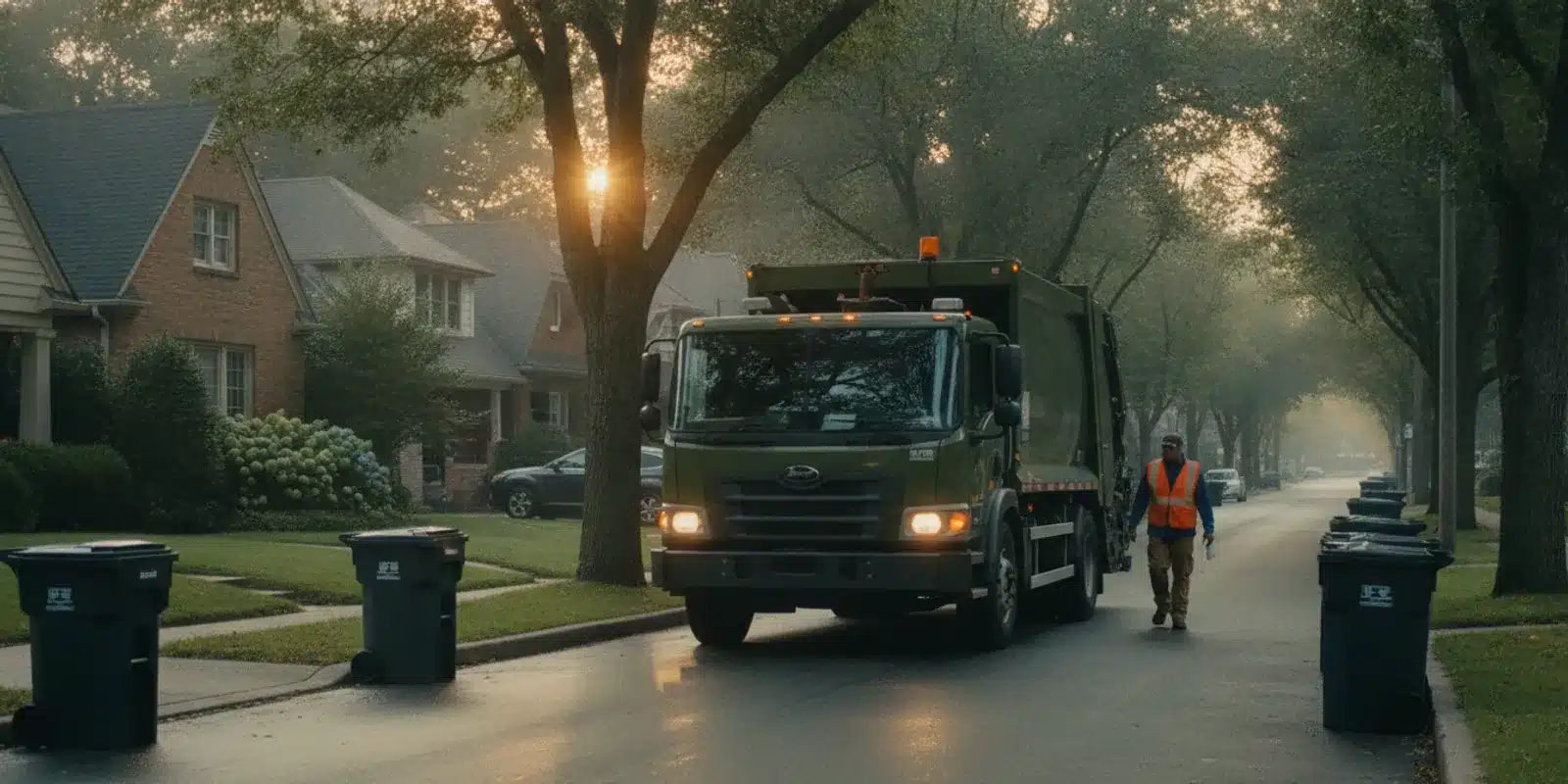 Waste collection truck moving through a neighborhood on a scheduled route